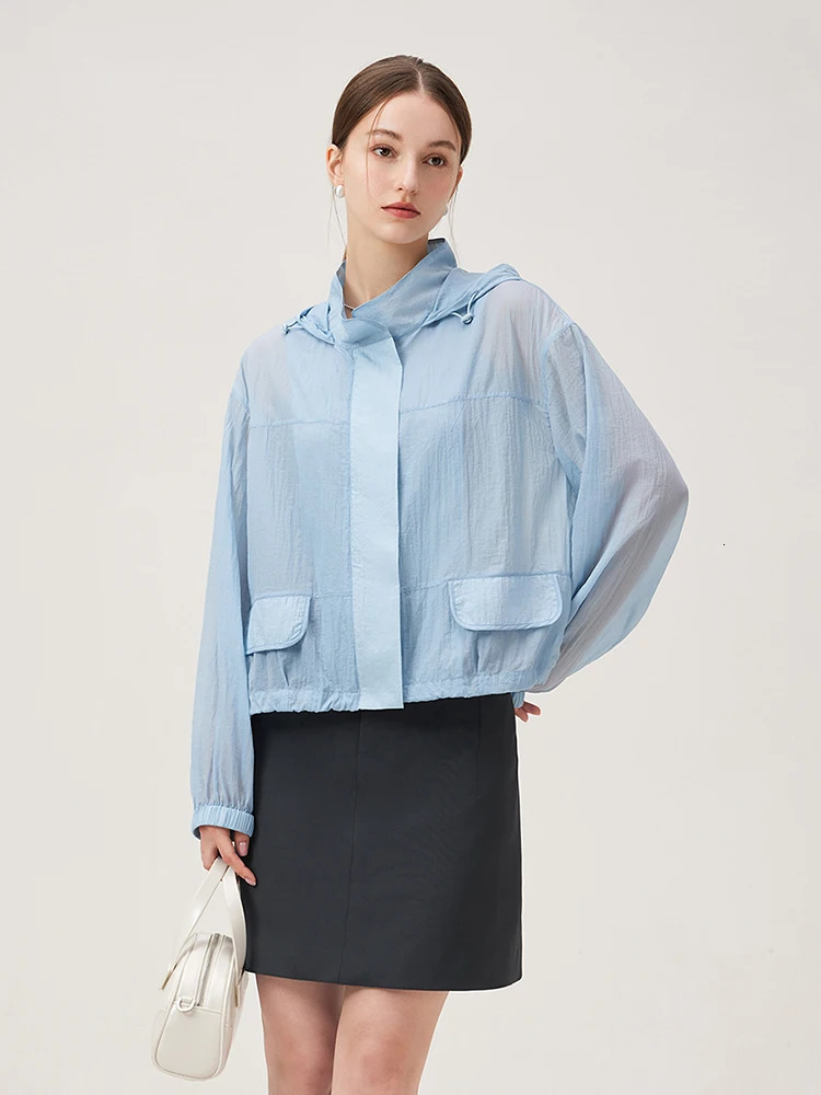 FSLE summer sun protection clothing light blue short sleeved womens hooded jacket thin loose long top 24FS12958 250326