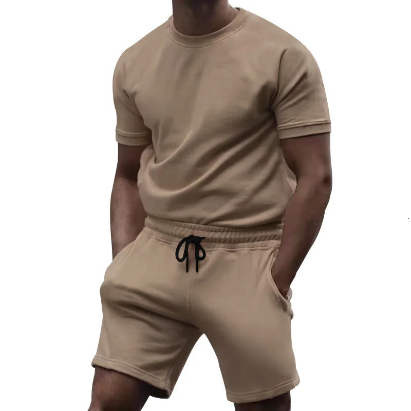 Summer mens fitness pure cotton short sleeved sports quick drying fresh solid color comfortable round neck set 250327