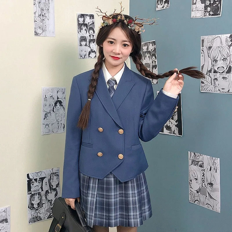 Girl JK Uniform Set Coat Japanese University Clothing Long Sleeve Double Chest Jacket Womens Cute School 250326