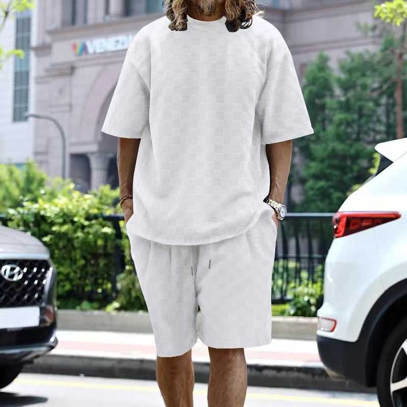 2024 new summer towel plain weave mens collar short sleeved top and shorts fashionable and casual oversized mens short sleeved setXJ250326