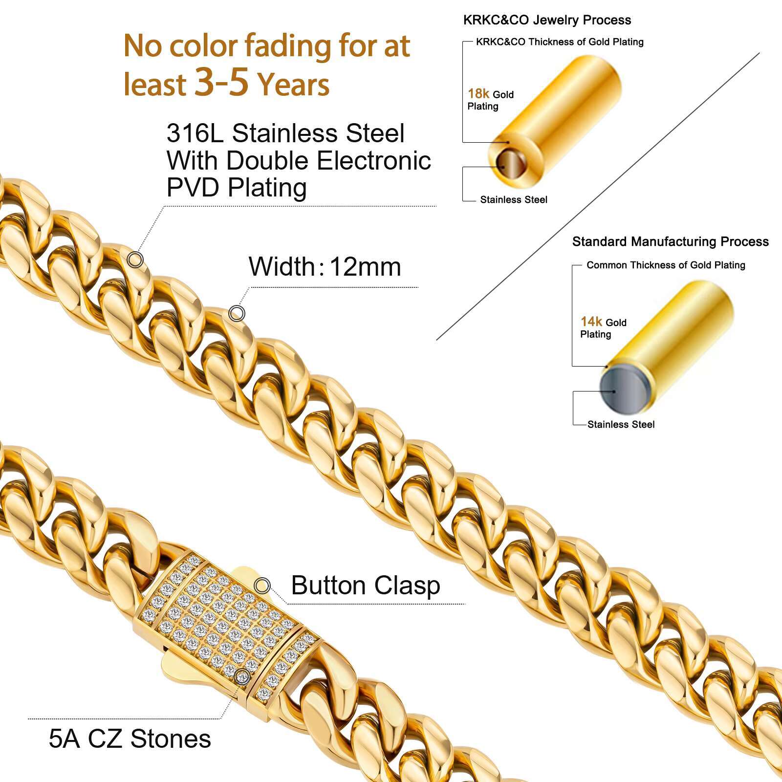 Solid 18K Gold Plated 12mm Miami Italian Cuban Necklace 5A CZ Hip Hop Jewelry Women Stainless Steel Cuban Link Chain Men Alxeyb