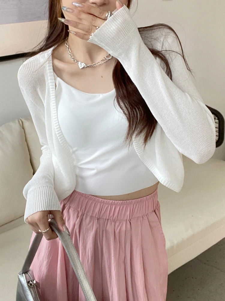 Thin white cardigan wool sweater womens summer sun protection lace knitted top casual long sleeved short 250326
