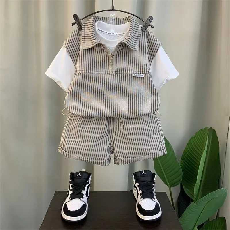 Korean fashion striped short sleeved zipper shirt and two-piece set baby boy summer boutique set childrens sportswearT250327