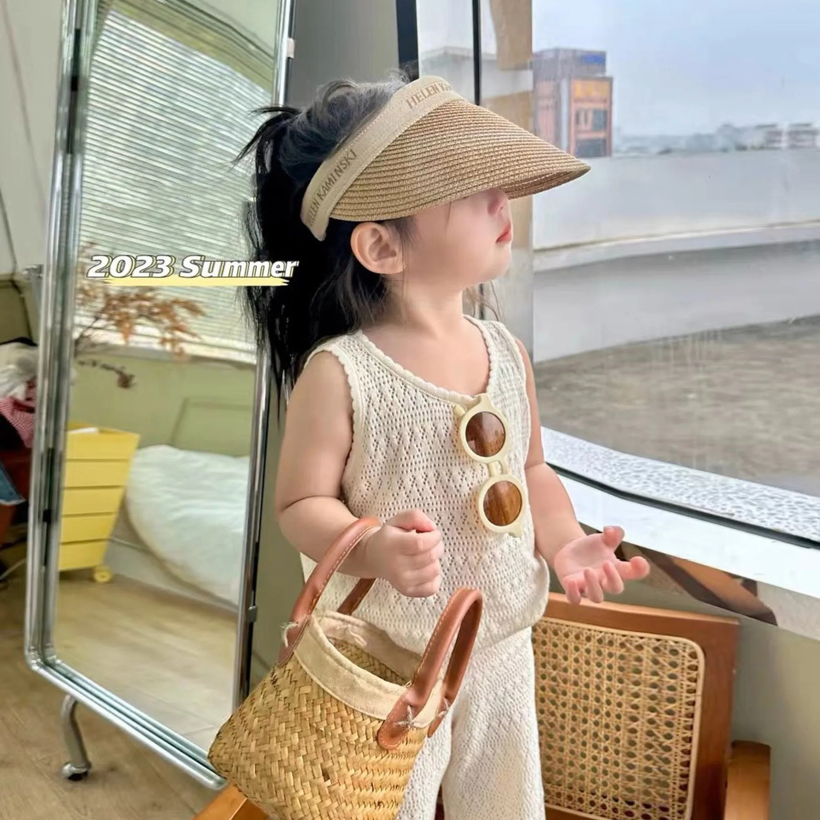 Girls Clothing Sets Summer Korean Thin Knitted Girl Set Children Hollow Breathable Vest Wide Leg Pants Two-piece Suit 250326
