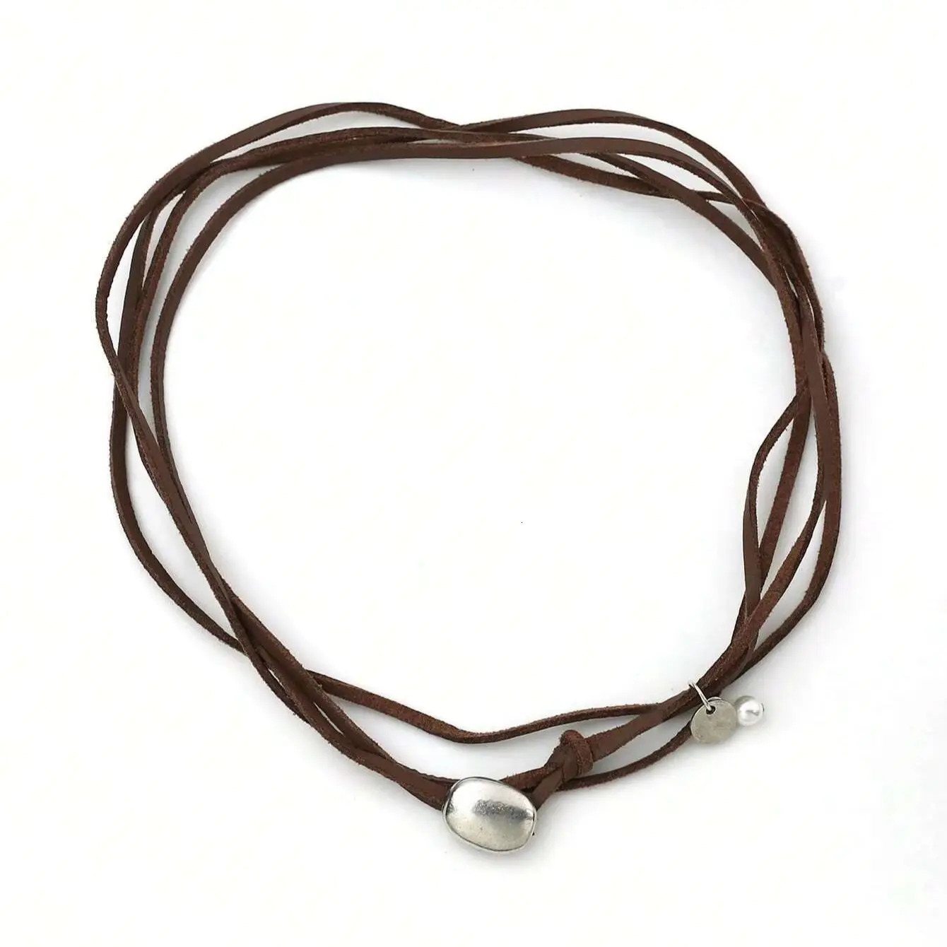 1Pc Retro Round Simple Bohemian Style Leather Rope Metal Pearl Brown Silver Necklace Womens Party Day 250325