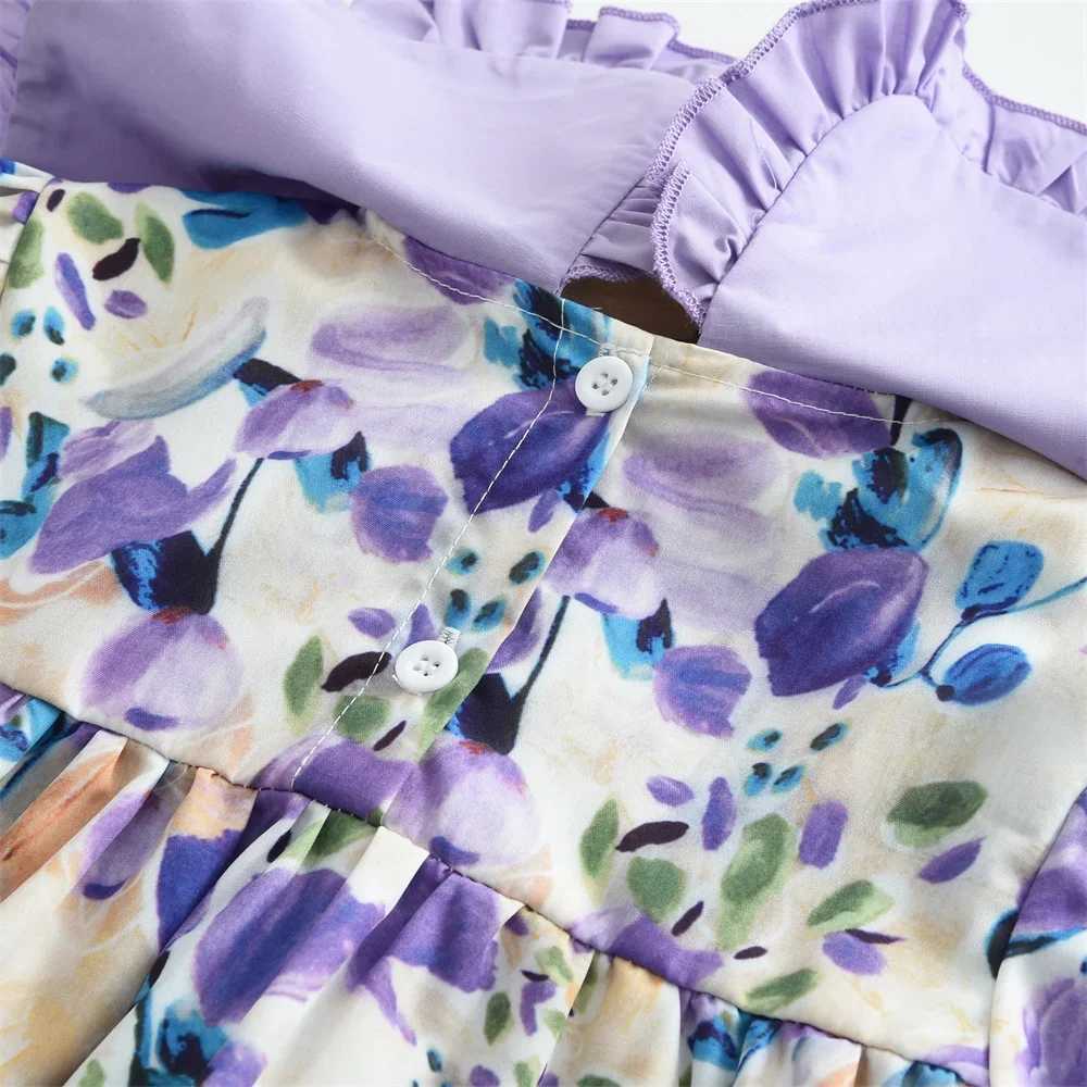 Girls casual dress with purple floral print lace lapel puff sleeves and long sleeved floral Par dress for children aged 2 to 7 W250326