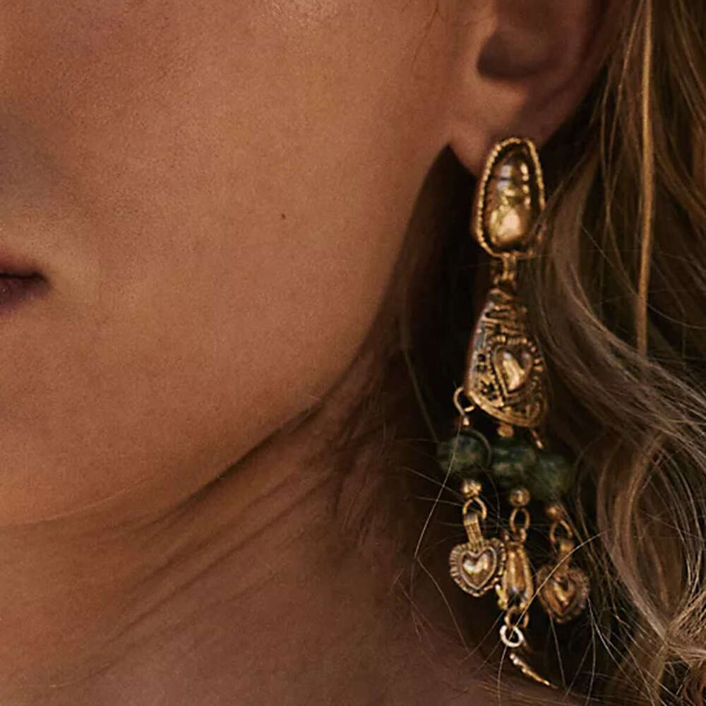 Vintage Western Style Antique 3D Relief Heart Fringe Earrings