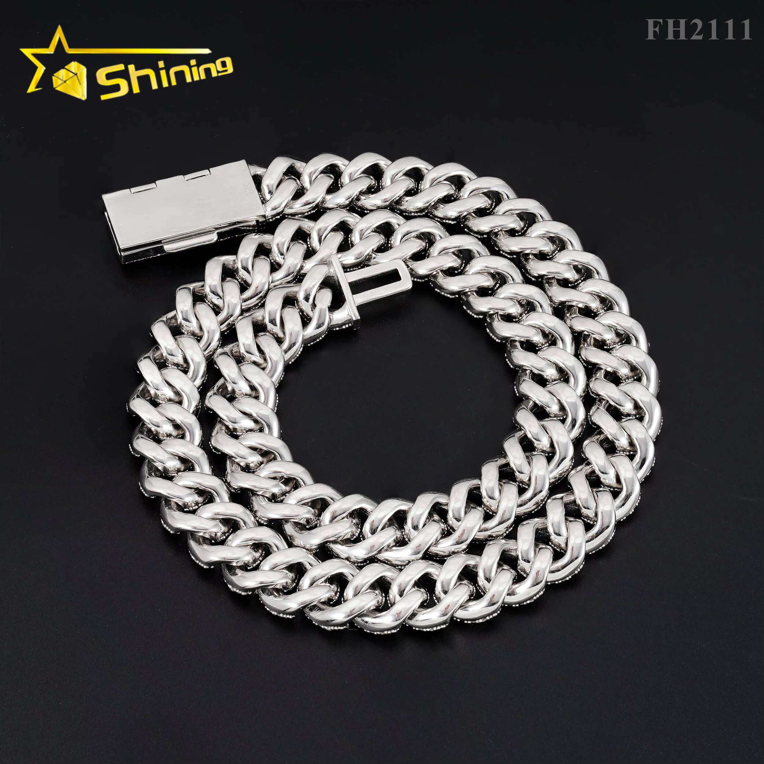Hip Hop Fine Jewelry Factory Direct Sell 15MM Iced Out 925 Sterling Silver White Gold Plated Moissanite Cuban Link Chain Men