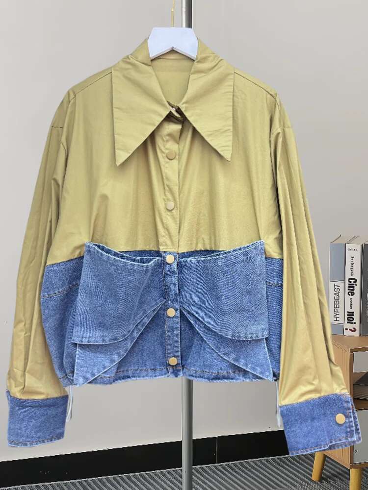 Spliced Denim Lapel Shirts For Women Single Breasted Full Sleeve Color Block New Female Niche Design Shirt