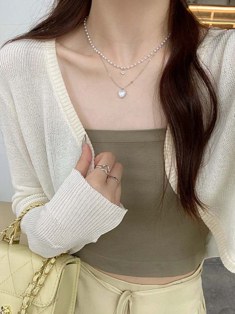 Thin white cardigan wool sweater womens summer sun protection lace knitted top casual long sleeved short 250326