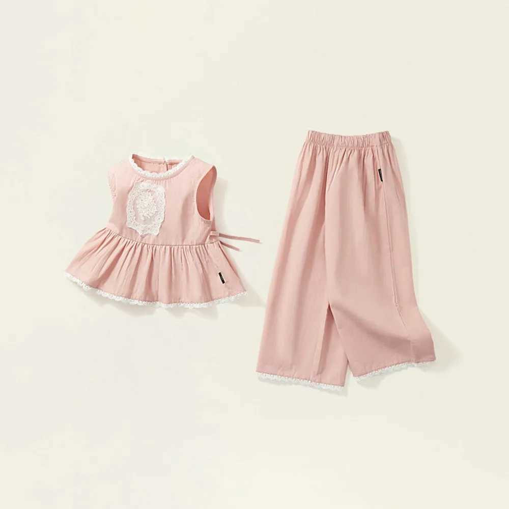 Bear collar 3-7Y summer pink girls casual clothing set sleeveless lace stand up collar top+pants two-piece set childrens clothingT250327