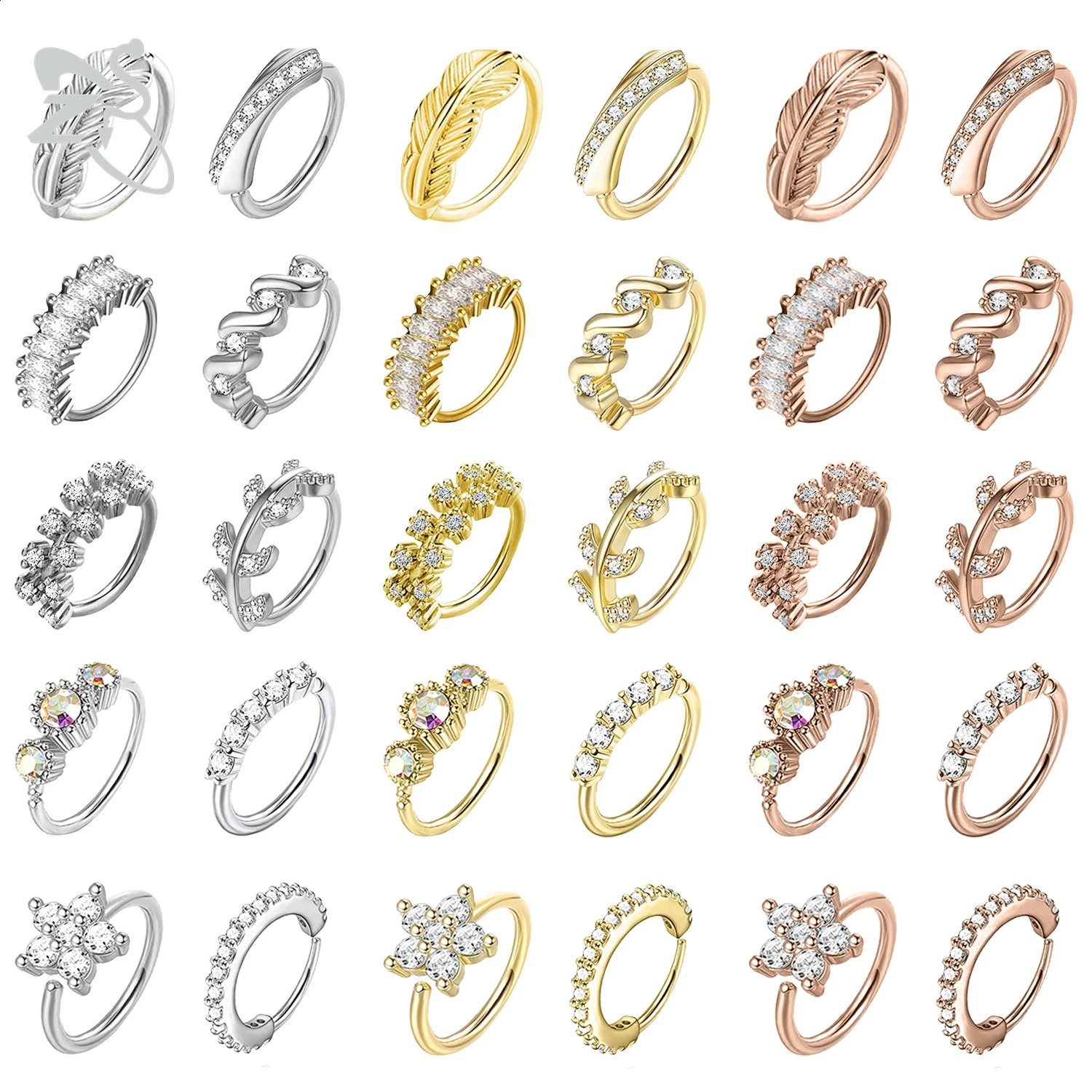 ZS 1 Set CZ Crystal Pendant Nose Ring For Women Girls Heart Flower Drop Nostril Piercings Ear Cartilage Helix Piercing Jewelry 250327