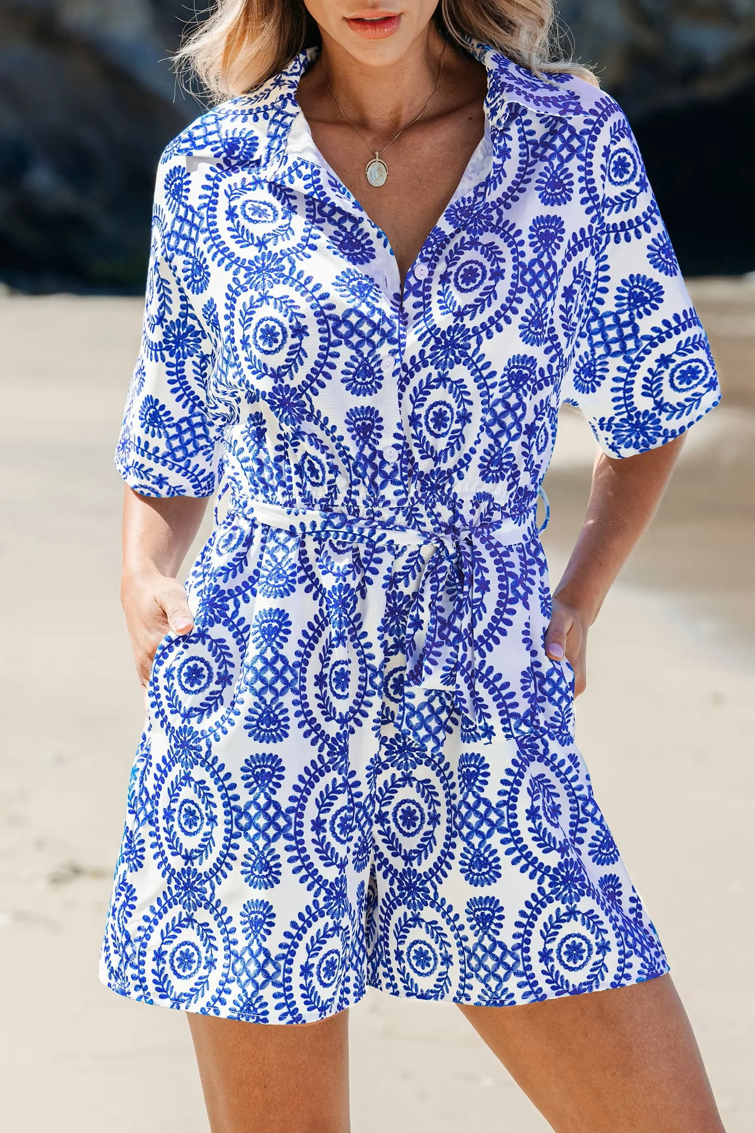 Printed button style short sleeved jumpsuit stylish and comfortable suitable for daily wear casual occasions all 250326
