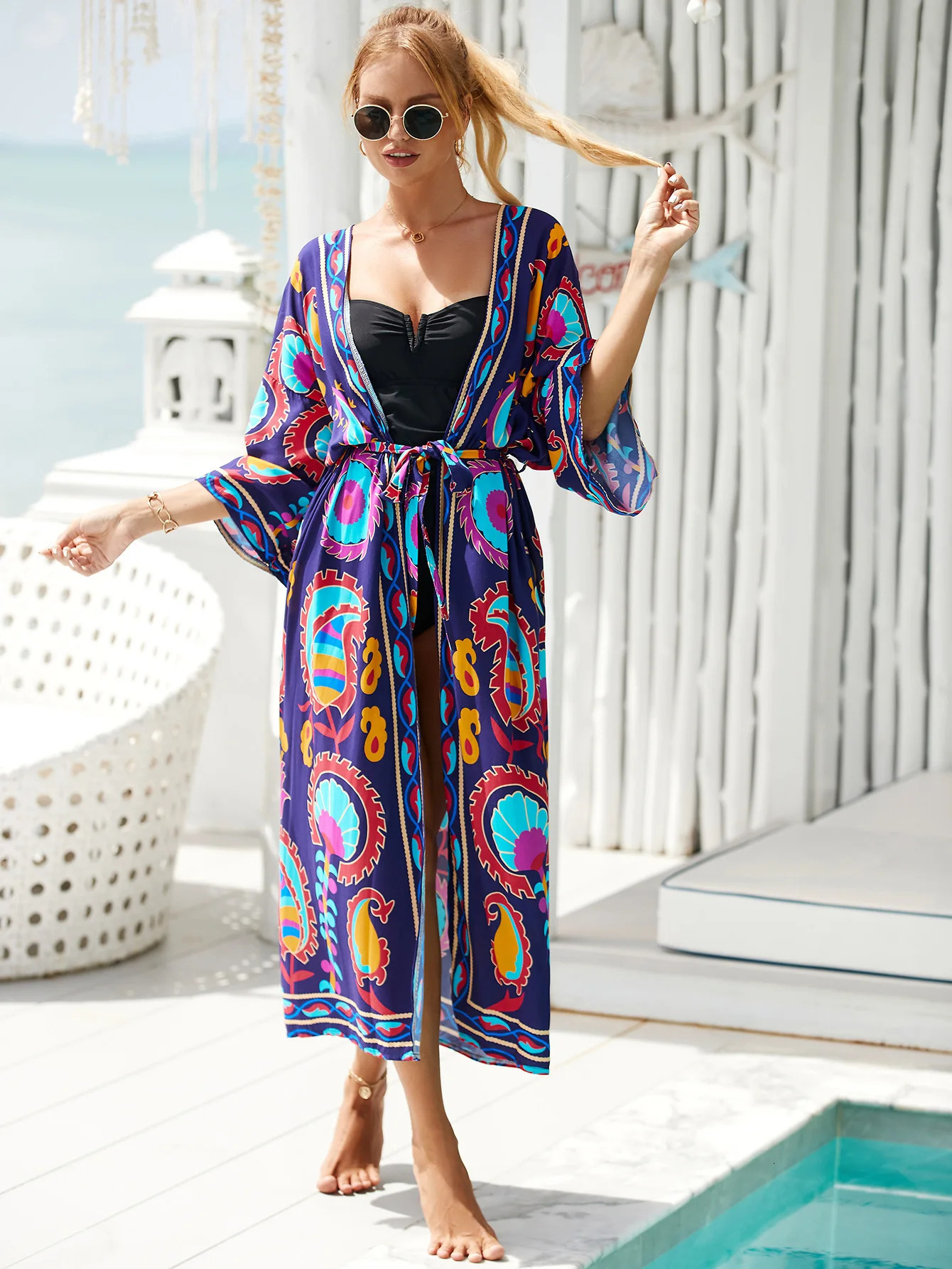 Kimono Swimsuit Summer Vacation Set Womens Beach Robe Long Pool Cover Colorful Dress 250326
