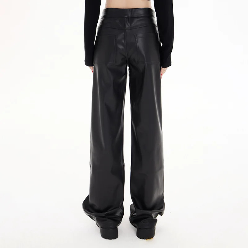 Black artificial Lether Pants loose straight length Pu leather pants high waisted Trouser streetwear for runners 250321