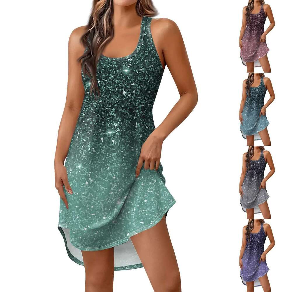 Fashion Ladies Spring And Temperament Round Neck Sky Print Short Vest Slim Summer Dresses for Women Women's Dress 's