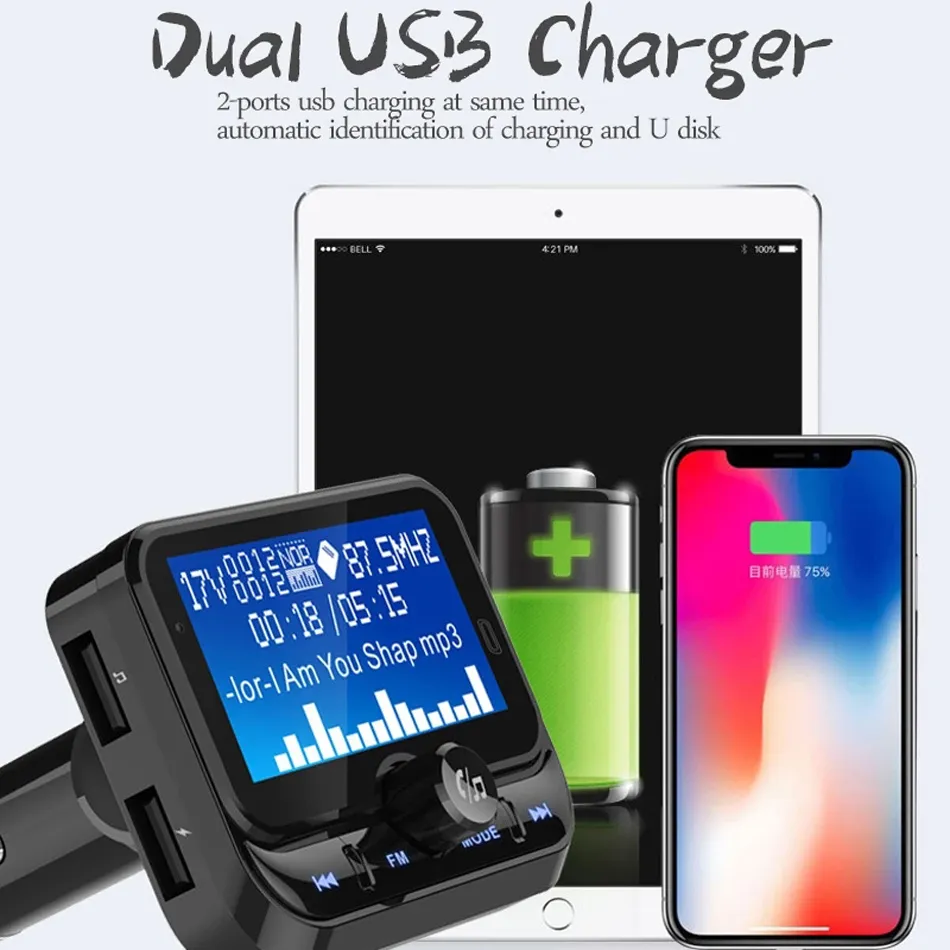 BC32 FM Transmitter Bluetooth Car Kit MP3 Music EQ Player Support Folder Play Wirless Handsfree with 1.8'' LCD Screen