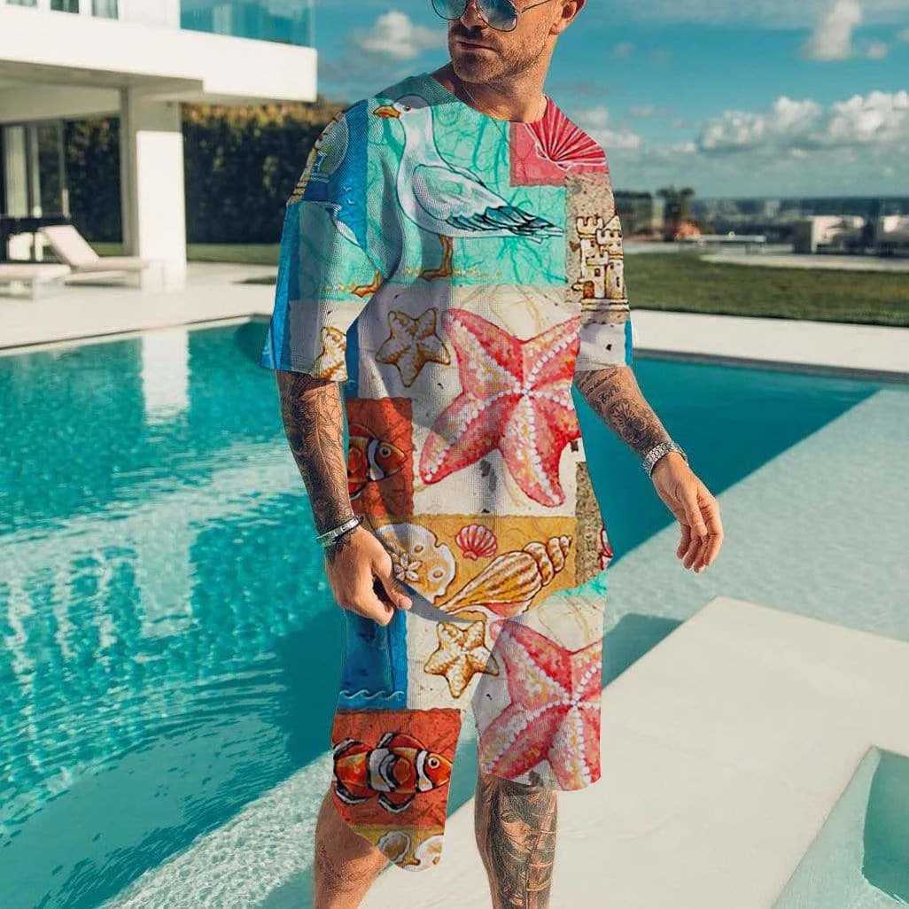 Mens set Hawaii Beach T-shirt two sets of vacation casual beach pants set fashionable all printed T-shirt set new mens T-shirtXJ250326