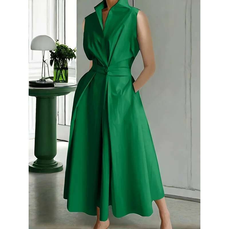 Dongdumaoyi Elegante Midi Effen Kleur Revers Lange En Mouwloze Jurk Voor Alle Seizoenen WD