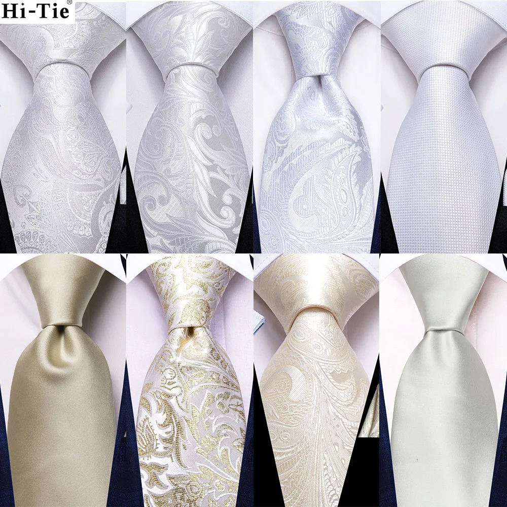 White Silver Mens Tie Hanki Cufflinks Set Mens Wedding Party Business Mens Tie Fashion Hi Tie 250322