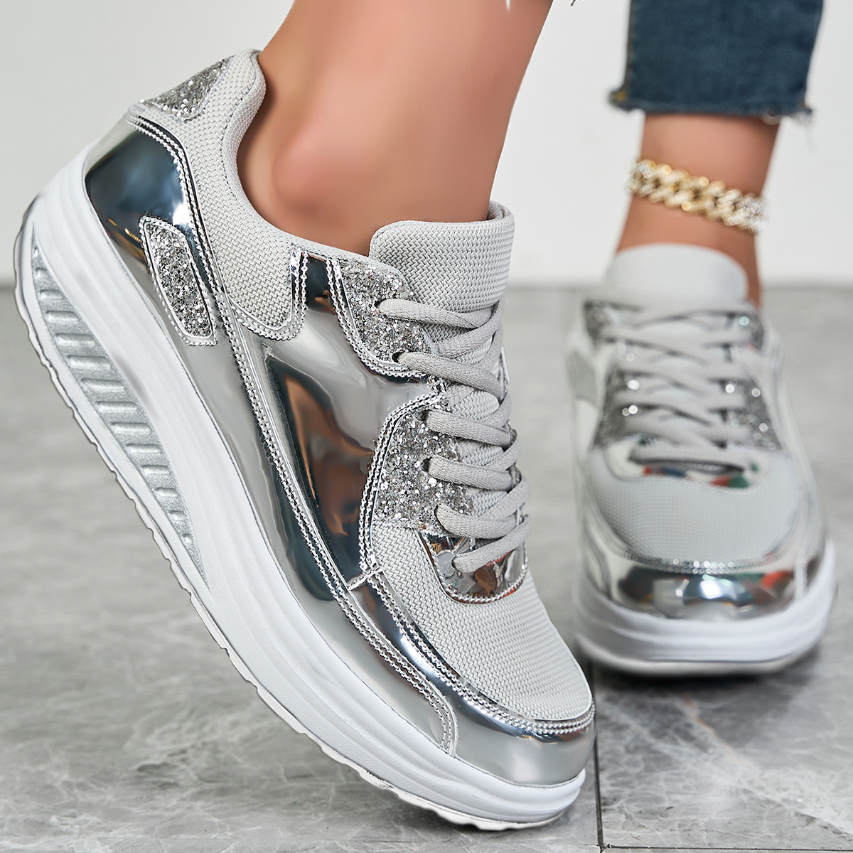2025 Spring Summer new arrival design Gold bright mesh casual sneakers outdoor plus size women's shoes size 36-42 Mermaidcore