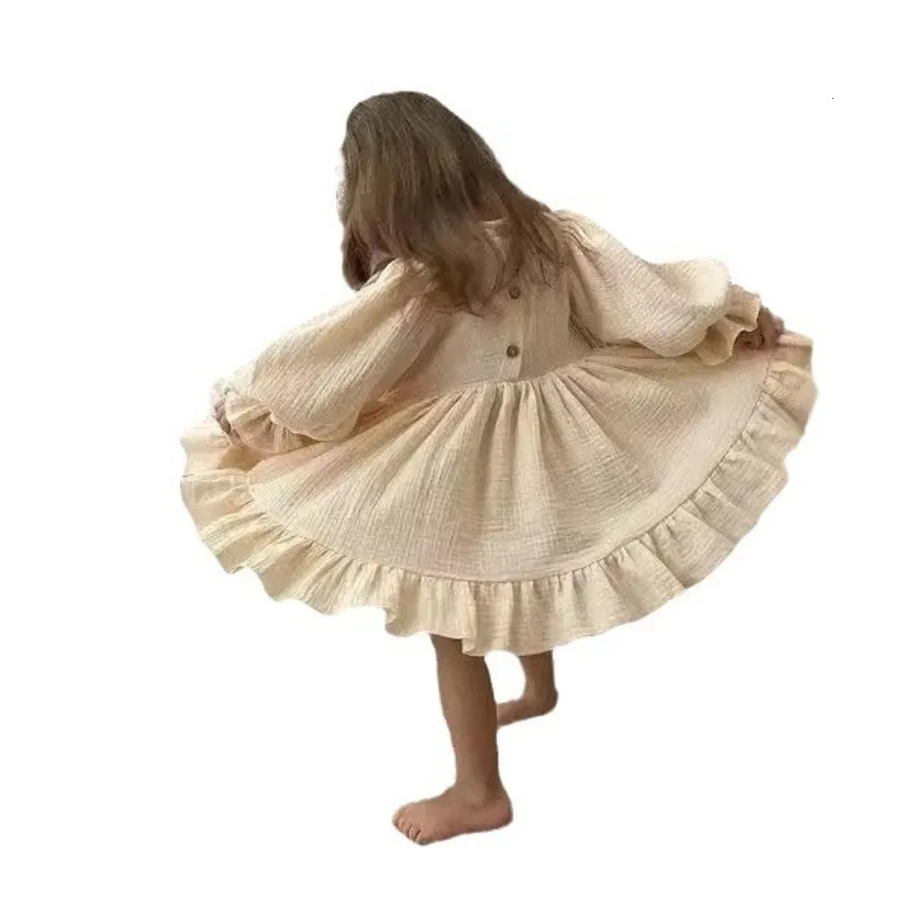 4475 Children Dress Autumn Linen Ruffled Slit Hem Dress Elastic Sleeve British Girls Dress 250326