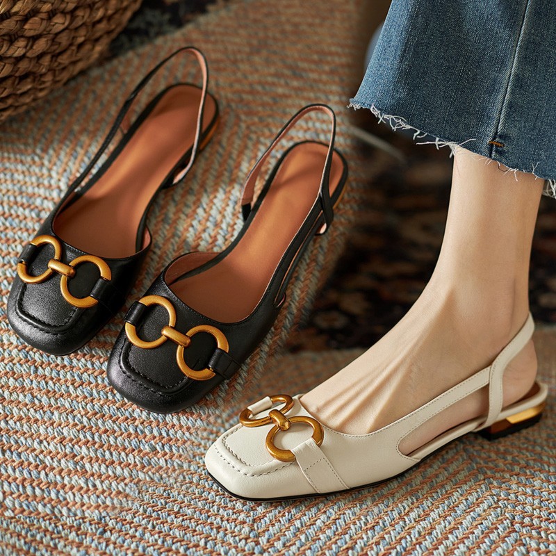 designer shoes 2025 new Women's French retro metal buckle peep-toe square toe low heel sandals with open back and flat bottom style for summer
