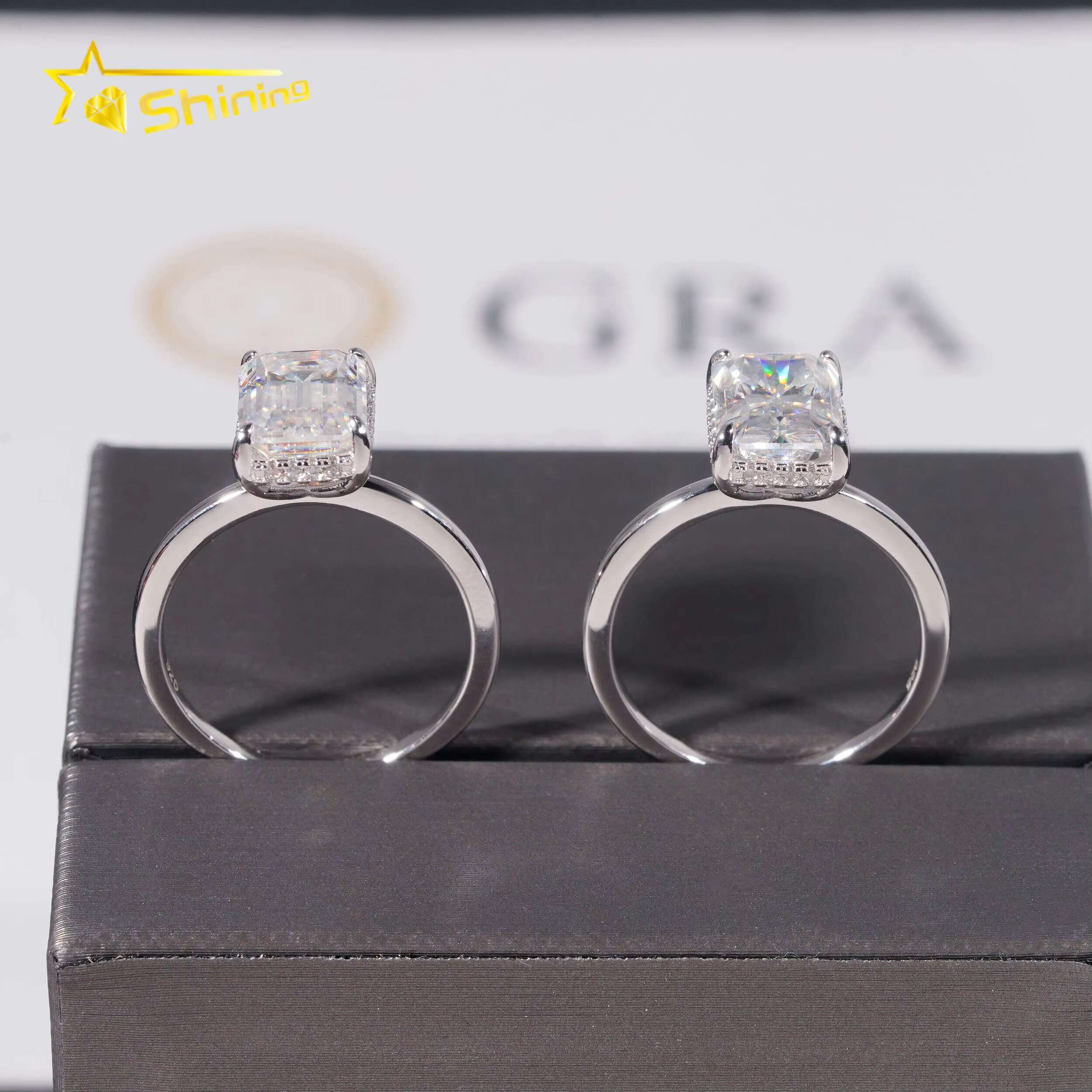 Fashion Women Jewelry Radiant Cut 3ct Moissanite 925 Sterling Silver Gold Plated Halo Set Plain Band Engagement Womens Rings