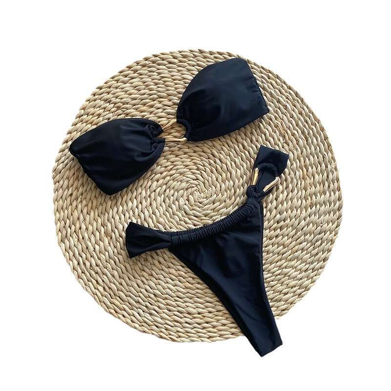 Bandeau High Sexy Cut Metal Rings Female Swimsuit Women Swimwear Two-pieces Bikini Set Bather Bathing Suit Swim Beachwear