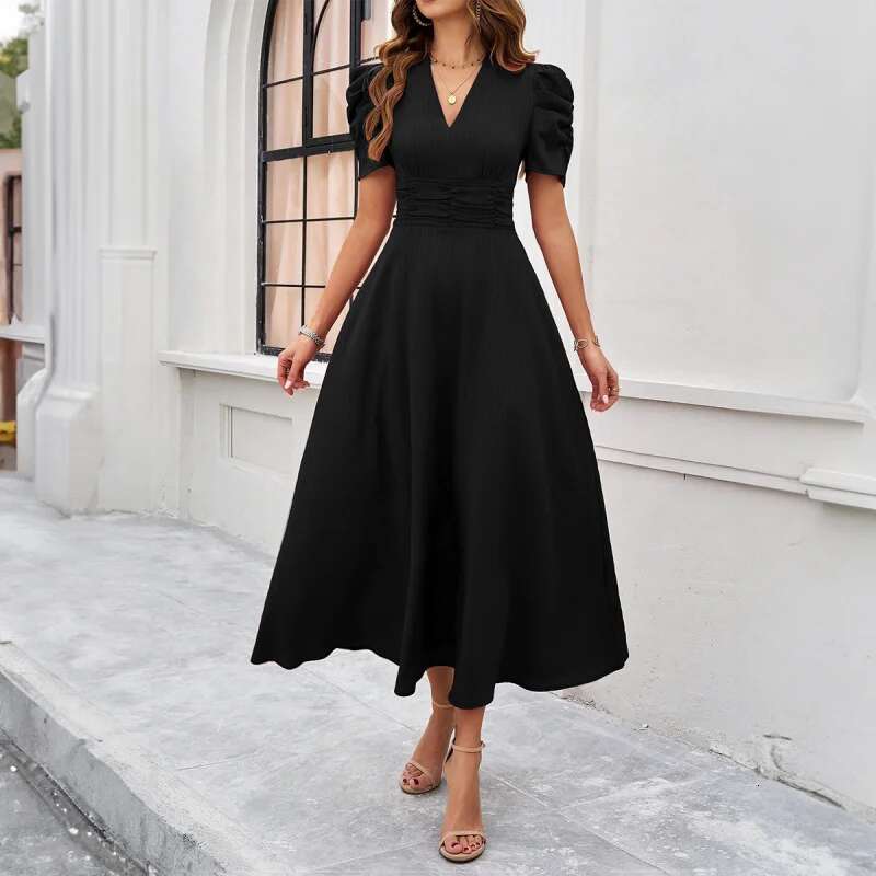 Dongdumaoyi Collectie Lente Zomer Verhoogde Jurk Met Hoge Taille Op Maat Gemaakt Silhouet Korte Mouwen In Effen Kleur
