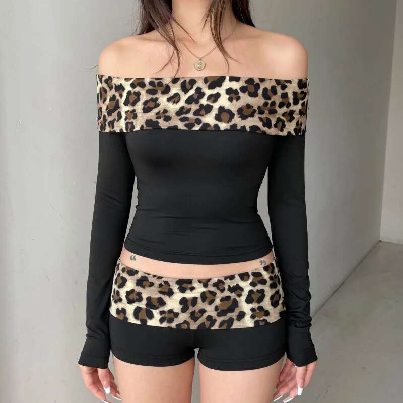 Ddmyshoesvip Sexy Women Leopard Off Shoulder T Shirt Autumn Spring Lady High Elasticity Long Sleeve Tops Y2K Girls Crop Top