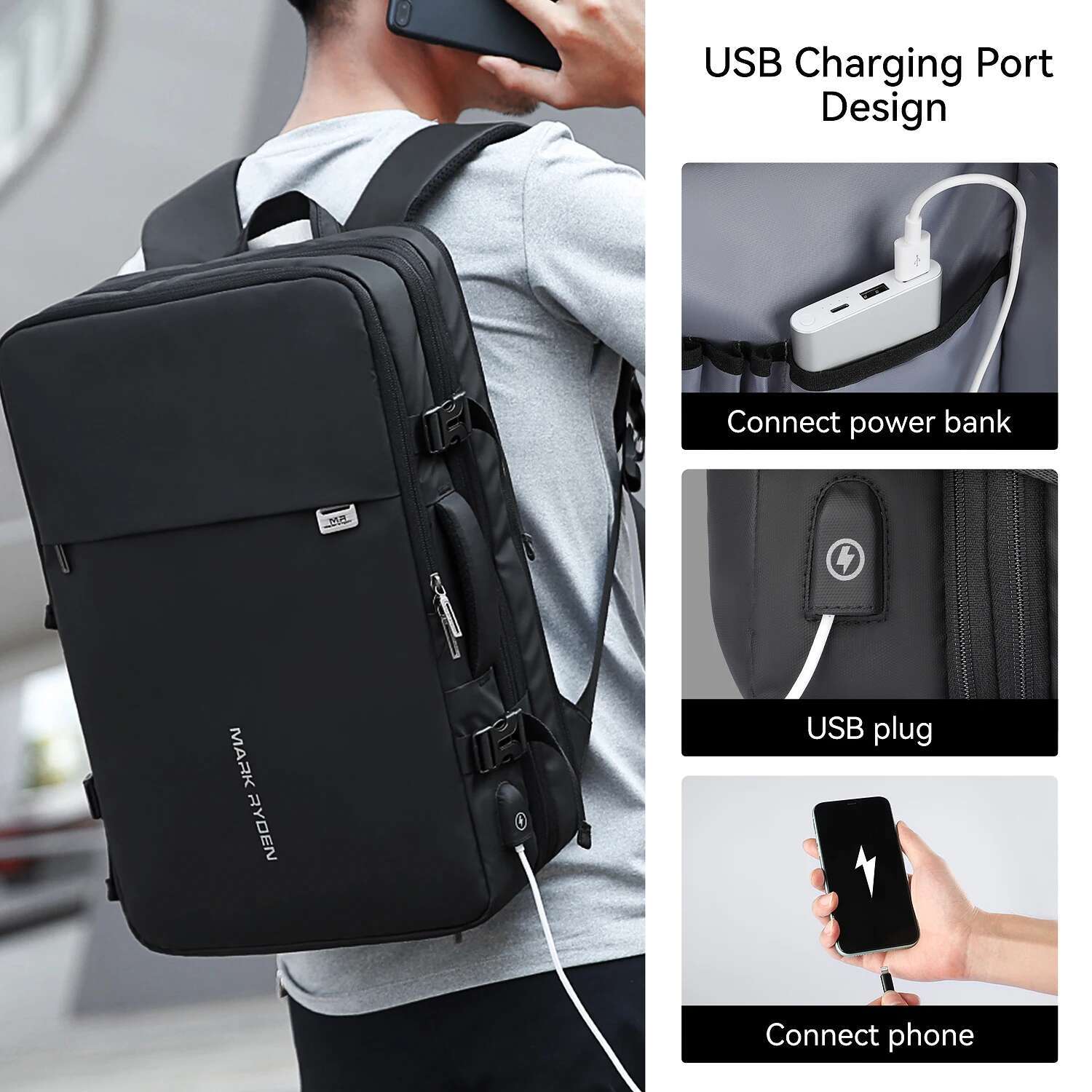 MARK RYDEN Large Backpack Rucksack 40L Expandable Business Travel Bag For Men Fits In 17 Inch Laptop