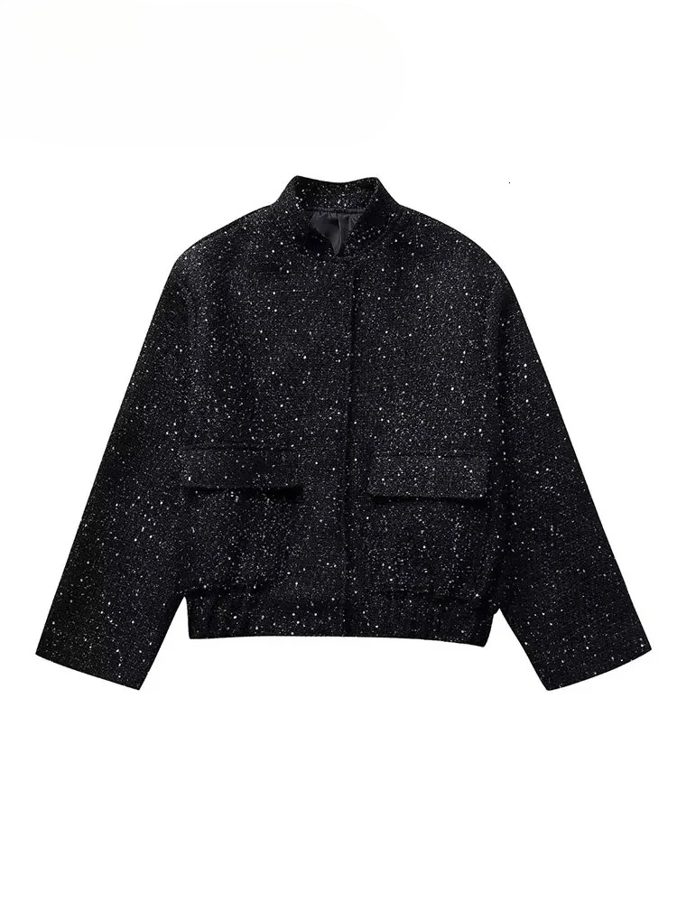 Nlzgmsj Women Shiny Sequin Jacket Y2k Gold Color Stand Collar Long Sleeve Short Coat Autumn Winter Ladies High Streetwear