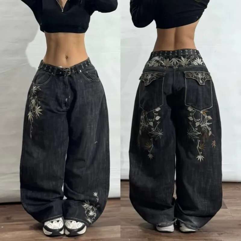 American New Fashion Geometric Pattern Embroidered Baggy Jeans Women Y2k Haruku Vintage Hip-Hop Popular Casual Wide-Leg Pants