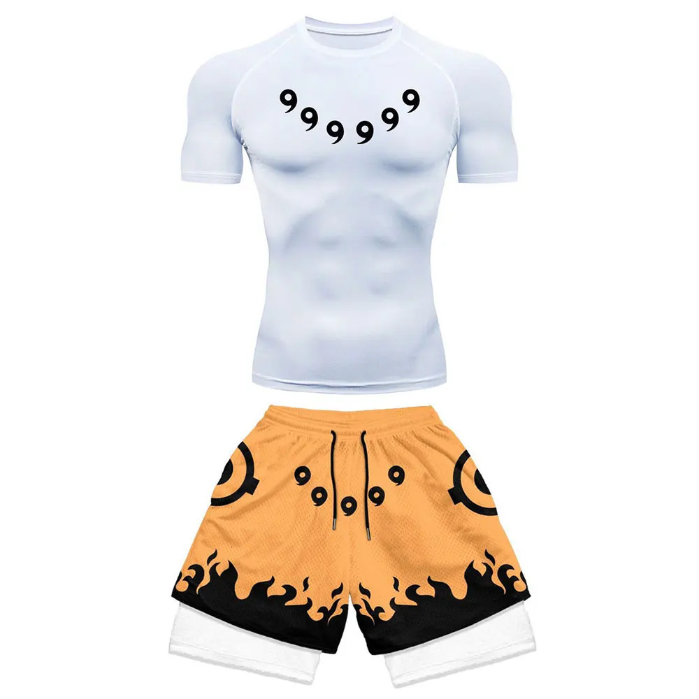 Mens Sports Compression Set Anime Printing Gym T-shirt Breathable Running Shorts Quick Drying Sports Protection Rush Sportswear Set 250326