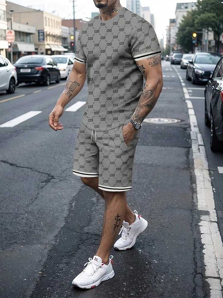 Casual mens fashion letter print color round neck short sleeved personalized trend two-piece clothingXJ250326