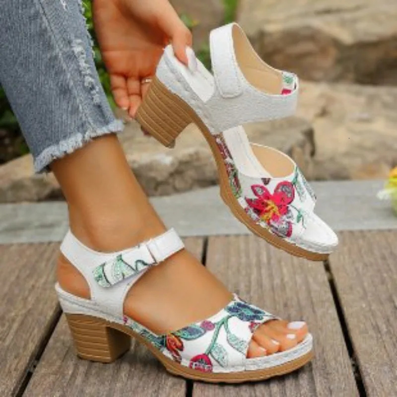 Womens Peep Toe High Heels Sandals Summer Gladiator Shoes Thick Platform Flower 250317