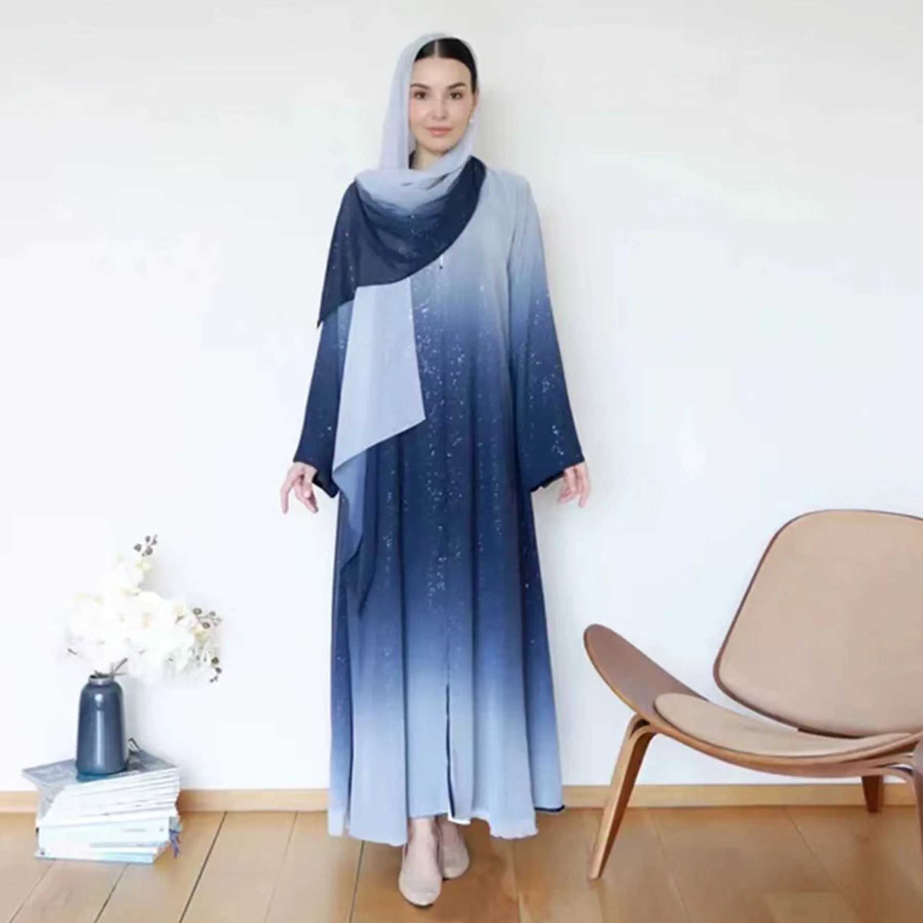 Dubai Luxury Gradient Color Abaya Open Kimono Muslim Dresses with Scarf Modest Robe Khimar Islamic Ka Caftan Jalabiya Kaftan X2505141