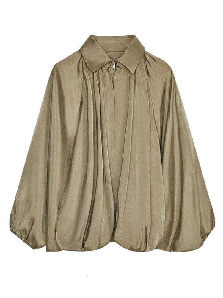 Spring Women's Green Jacket Pleat Loose Lapel Zipper Batwing Long Sleeve Bomber Short Coat 2025 Fashion High Street Outwears