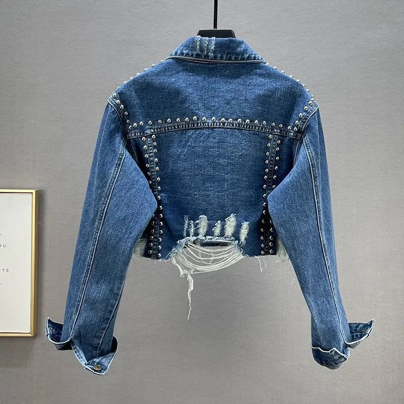 Spring and autumn womens denim jacket highquality rivet nail bead casual 250326
