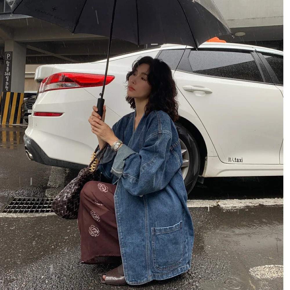Get Spring Womens Denim Jacket SpringSummer Retro Double Chest Shoulder Pads Vneck Loose Casual Long Blue 250326