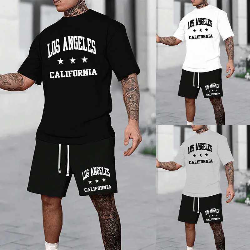 Mens casual sports set printed letter summer fashion breathable and refreshing set oversized mens loose round neck T-shirtXJ250326