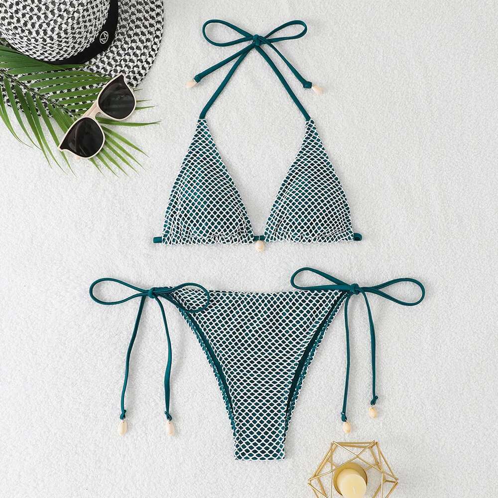 Grid Bikini Set for Women Solid Color 2 Piece Swimsuit Sexy Halter Lace-up Backless Thong Beach Vacation Swimwear 2025 New