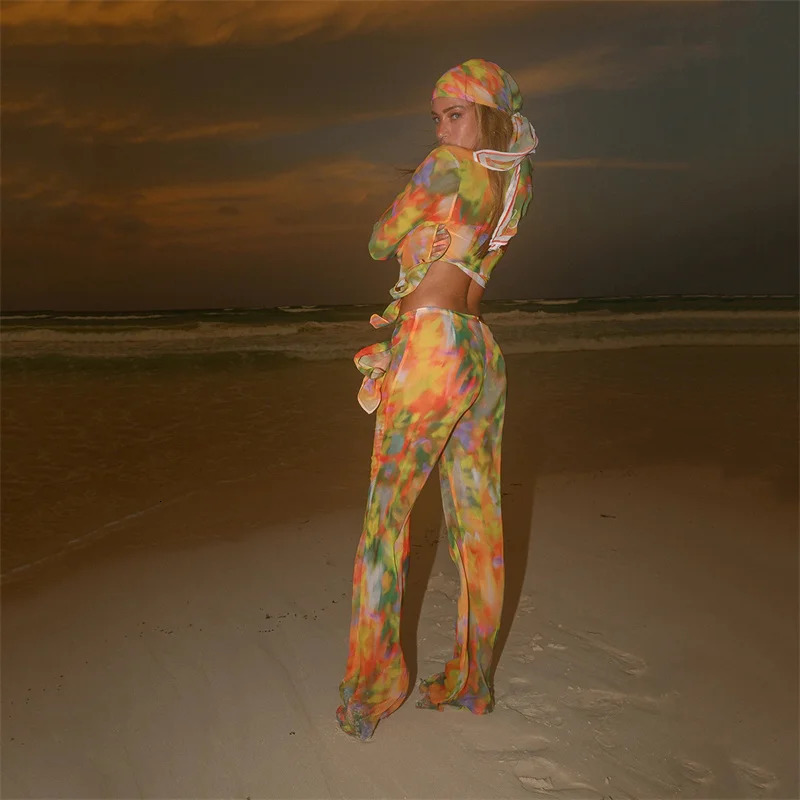 Para Praia Print Cover Ups with Long Pants 2024 Beach Bikini Cover Swimwear Cover Ups Sexy Beach Wear 250324