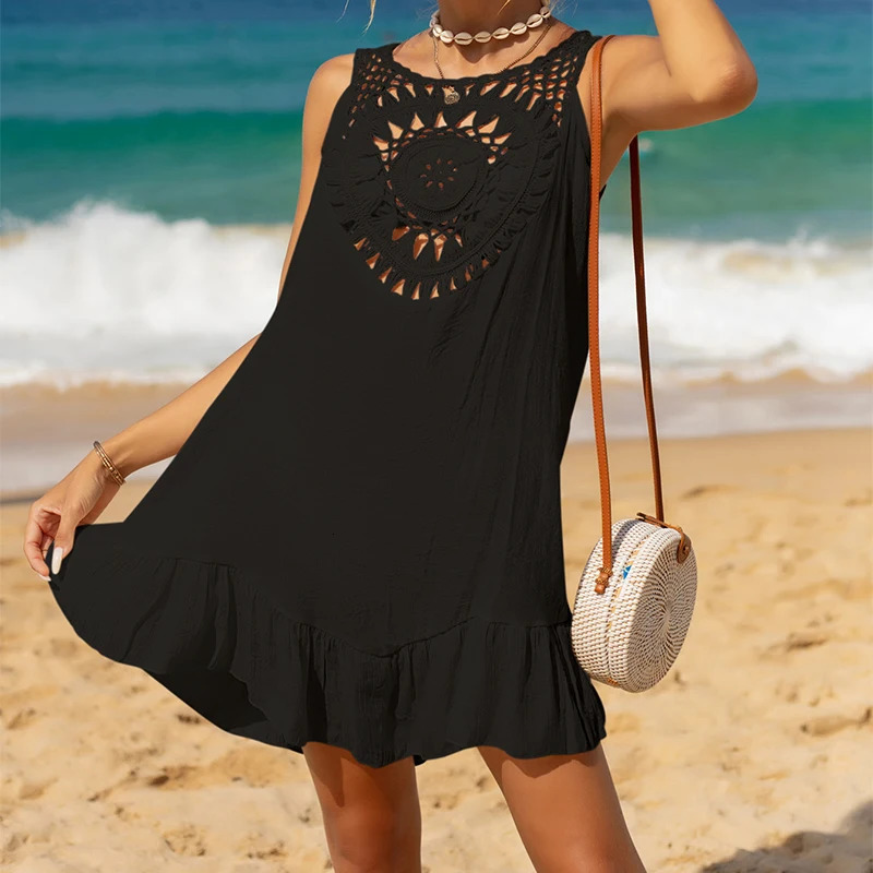 Solid color handmade crochet spliced black fungus dress beach bikini cover summer holiday hollow sarong short skirt 250326
