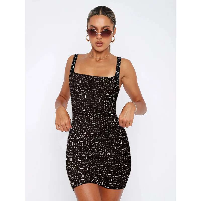 Dongdumaoyi Lente Zomer Nieuwe Vierkante Hals Kristal Verfraaid Backless Hemdje Sexy Bodycon Mini Jurk C