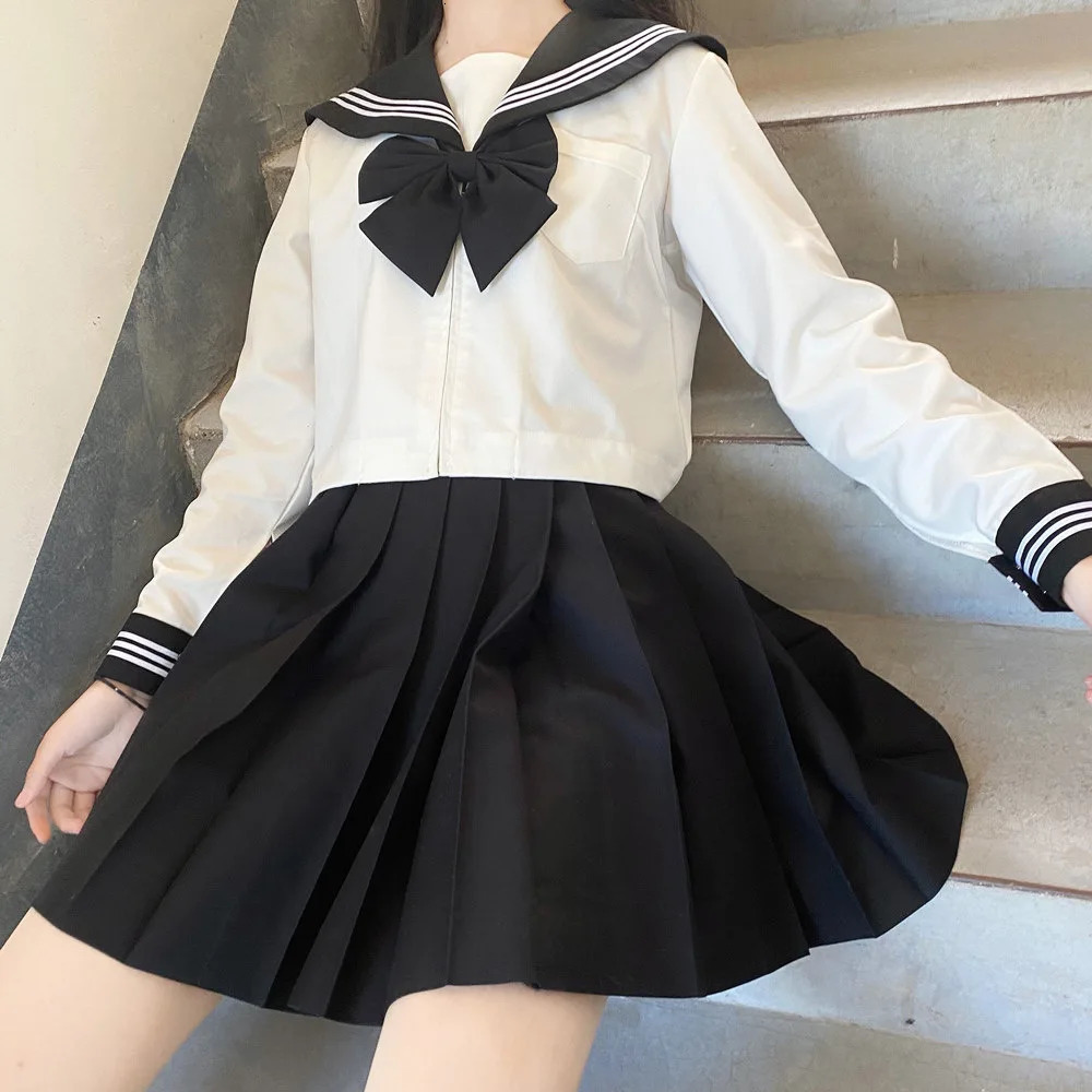 Japanese School Uniform Girls Plus Size Jk Set Black Tie White Three Piece Basic Sailor Womens Long Sleeve 250326