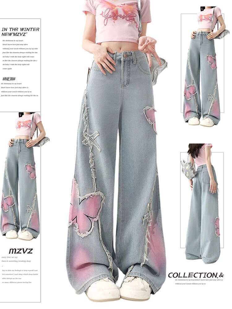 Women Haruku Baggy Jean Trashy Y2k Japanese Streetwear Gob Core Butterfly Denim Pants Trousers 2000S Aesthetic Grunge Kpop