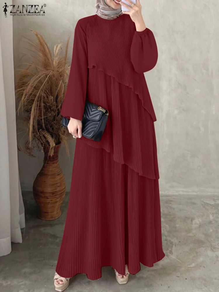ZANZEA Patchwork Lantern Slve Abaya Robes Women Plisse Layered Elegant Maxi Dress Muslim Fashion Islamic Hijab Pleated Dress X2505141