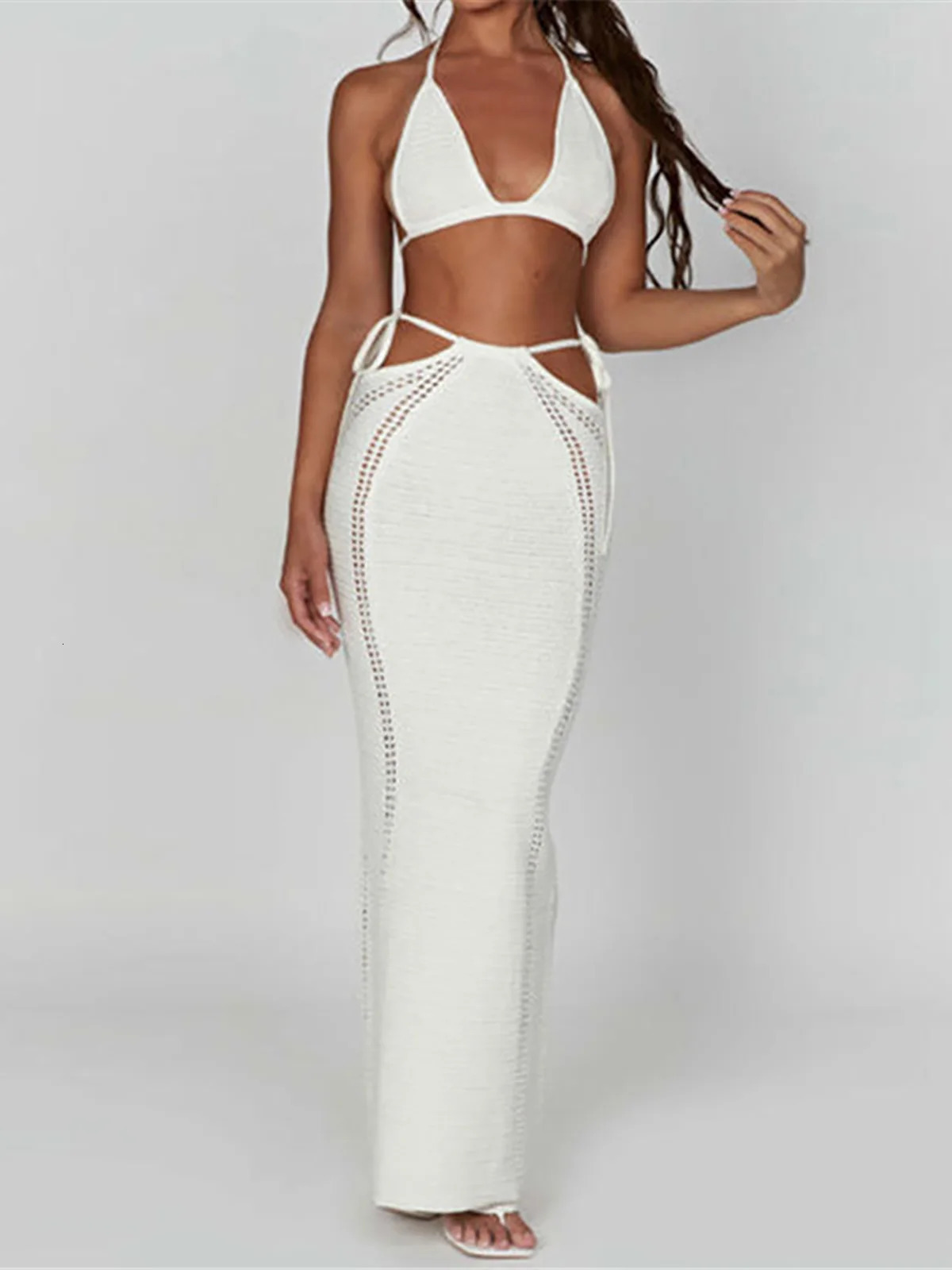 2PCS sexy top crochet knitted beach dress covering holiday K4885 250326